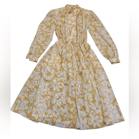 VINTAGE 80s Rouie Golden Floral Jacquard Midi Dress Tie Neck Puff Sleeve Size 4 - Picture 1 of 7